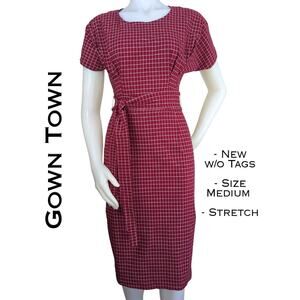 Gown Town Bodycon Sheath Dress Medium 50s Style Red White Windowpane Check